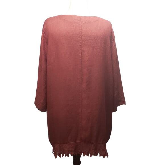 Lungo L’Arno Vintage Italian Linen Tunic 3X – Terracotta Boho Crochet Hem Top - Picture 3 of 9